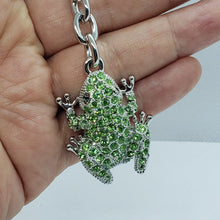 Load image into Gallery viewer, Jeweled Frog Key Chain Crystal Key Ring Green Peridot Colored 3 1/2 inches long
