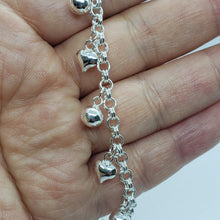 Load image into Gallery viewer, Sterling Silver Anklet Bracelet with Hearts and Bells 7, 8, 10 inch Spring Clasp
