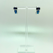 Load image into Gallery viewer, Sterling Silver Synthetic Blue Opal Earrings Emerald Cut Amethyst CZ
