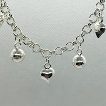 Load image into Gallery viewer, Sterling Silver Anklet Bracelet with Hearts and Bells 7, 8, 10 inch Spring Clasp
