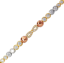 Load image into Gallery viewer, 14K Tricolor Gold 5mm Center, 1mm Ladies Bracelet High Polished Fancy Chain
