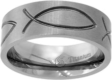Load image into Gallery viewer, Titanium Wedding Band Christian Fish 8mm Ichthys Ring Men Comfort fit size 6-14
