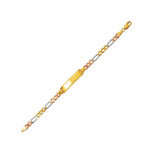 Load image into Gallery viewer, 14K Tricolor Gold 6mm ID Bracelet 4mm Figaro Chain 6" Engraving Available
