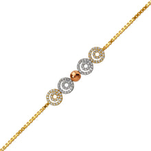 Load image into Gallery viewer, 14K Tricolor Gold 8mm Center, 1mm Ladies Bracelet High Polished Fancy Chain
