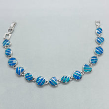 Load image into Gallery viewer, Sterling Silver Synthetic Opal Bracelet Heart Oval Round Links Hand Inlay
