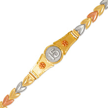 Load image into Gallery viewer, 14K Tri Color Gold Faceted Diamond Cut 15 Anos ID Bracelet 6mm / 13mm 7" Chain
