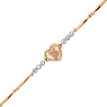 Load image into Gallery viewer, 14K Tricolor Gold 15 Anos Years Simple Heart &amp; CZ Gem Stone Bracelet Quinceañera
