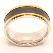 Load image into Gallery viewer, Stainless Steel Flat Black Center w/ Double Golden Stripes Wedding Band Ring 8mm
