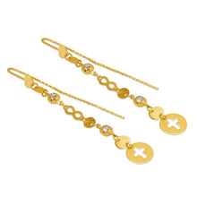 Load image into Gallery viewer, 14K Yellow Gold Dangle Threader Earrings Heart Cross Geometric Chain 10x74mm
