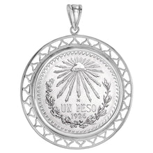 Load image into Gallery viewer, 925 Sterling Silver Mexican 1 Peso Coin Bezel Filigree Edge 34mm Prong Back
