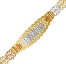 Load image into Gallery viewer, 14K Tri Color Gold Faceted Diamond Cut 15 Anos ID Bracelet 7mm / 12mm 7" Chain
