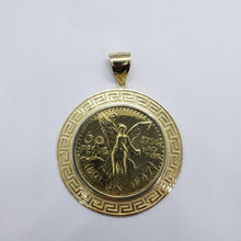 Load image into Gallery viewer, 10k Yellow Gold Eagle Mexico 50 Peso Coin Bezel 2" (50mm) Diameter Greek Key
