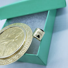 Load image into Gallery viewer, 10k Yellow Gold Eagle Mexico 50 Peso Coin Bezel 2" (50mm) Diameter Greek Key
