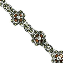 Load image into Gallery viewer, Sterling Silver Cubic Zirconia Garnet Stone Flower Marcasite Bracelet 7" Long
