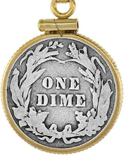 Load image into Gallery viewer, Sterling Silver &amp; Gold Filled Dime Bezel 18 mm Screw Top Coin Edge 10 Cent Coin
