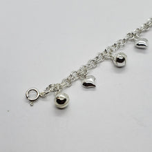 Load image into Gallery viewer, Sterling Silver Dangling Hearts and Jingle Bells Charm Bracelet for Women 8.5"
