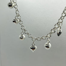 Load image into Gallery viewer, Sterling Silver Dangling Hearts and Jingle Bells Charm Bracelet for Women 8.5"

