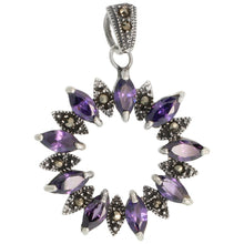 Load image into Gallery viewer, 925 Sterling Silver Marcasite Amethyst CZ Wreath Pendant 1 3/8 (35mm) Inch Tall
