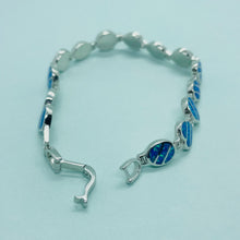 Load image into Gallery viewer, Sterling Silver Synthetic Opal Bracelet Heart Oval Round Links Hand Inlay
