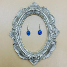Load image into Gallery viewer, Sterling Silver Synthetic Opal Dangle Earrings Oval Cabochon Bezel Set
