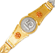 Load image into Gallery viewer, 14K Tri Color Gold 15 Anos Quinceanera Diamond Cut Faceted ID Bracelet 6mm/13mm
