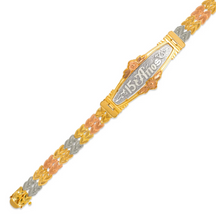 Load image into Gallery viewer, 14K Tri Color Gold Faceted Diamond Cut Bracelet 7mm 7" Chain 18mm Center 15 Anos
