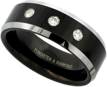 Load image into Gallery viewer, Black Tungsten 3 Stone Diamond Wedding Ring Two-Tone Beveled Edges 8mm
