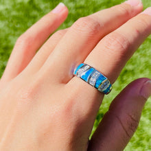 Load image into Gallery viewer, Sterling Silver Blue Synthetic Opal Dome Ring for Women CZ Accent Tapered
