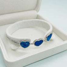 Load image into Gallery viewer, Sterling Silver Synthetic Opal 3-Linked Hearts Bolo Bracelet for Women CZ Halo
