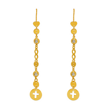 Load image into Gallery viewer, 14K Yellow Gold Dangle Threader Earrings Heart Cross Geometric Chain 10x74mm

