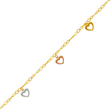 Load image into Gallery viewer, 14K Tricolor Gold Heart Charm Anklet Bracelet High Polished 10" Chain for Women
