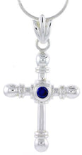Load image into Gallery viewer, 925 Sterling Silver Sapphire CZ Round Edge Cross Pendant 1 1/2 Inch (38mm) Tall
