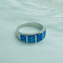 Load image into Gallery viewer, Sterling Silver Blue Synthetic Opal Band Ring for Women Square Inlays Tapered
