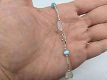Load image into Gallery viewer, 925 Sterling Silver Anklet with Aquamarine Blue Catseye and Glass Seed Beads
