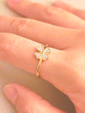 14K Solid Yellow Gold Four-leaf Clover Ring with CZ