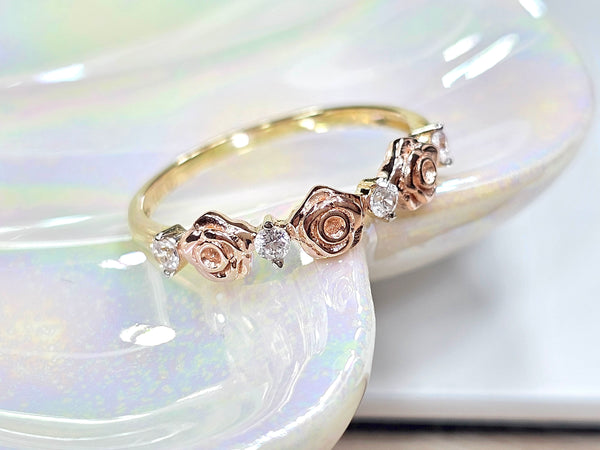 14K Solid Yellow Gold Three Roses Ring with CZ