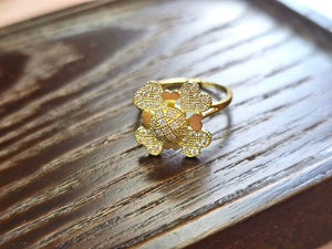 10K Solid Yellow Gold Spinning Fidget Flower Heart Petals Ring with CZ