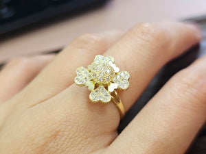 10K Solid Yellow Gold Spinning Fidget Flower Heart Petals Ring with CZ