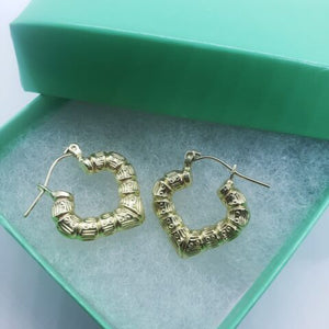 10K Yellow Gold Door Knocker Heart Bamboo Hoop Earrings