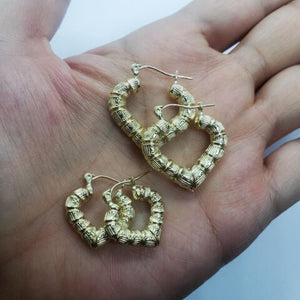 10K Yellow Gold Door Knocker Heart Bamboo Hoop Earrings