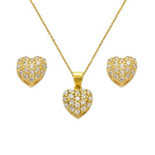 Load image into Gallery viewer, 14K Yellow Gold Heart CZ Set Pendant Earrings Rolo Chain Necklace
