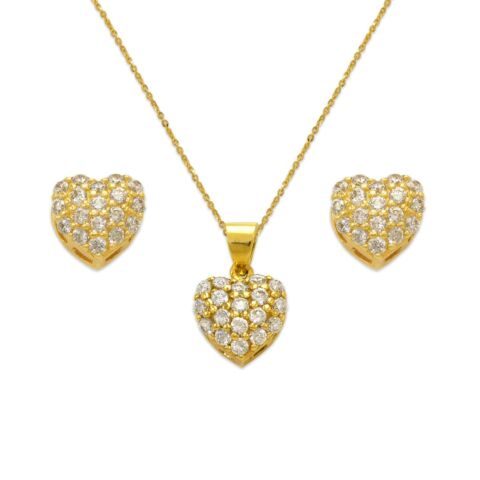 14K Yellow Gold Heart CZ Set Pendant Earrings Rolo Chain Necklace