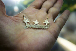 14K Solid Yellow Gold Personalized Custom Handmade Name Pendant Charm with Stars