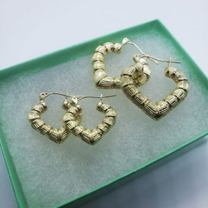 10K Yellow Gold Door Knocker Heart Bamboo Hoop Earrings