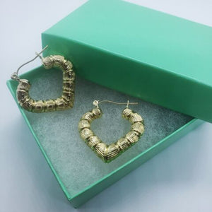 10K Yellow Gold Door Knocker Heart Bamboo Hoop Earrings