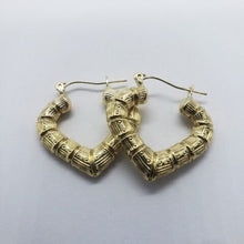 Load image into Gallery viewer, 10K Yellow Gold Door Knocker Heart Bamboo Hoop Earrings
