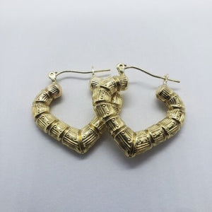 10K Yellow Gold Door Knocker Heart Bamboo Hoop Earrings