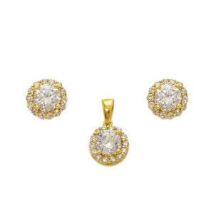 14K Yellow Gold Round Solitaire CZ Pendant Earrings Set