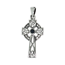 Load image into Gallery viewer, 925 Sterling Silver CZ Celtic Cross w/ Trinity Motif Pendant 1 3/8 (35mm) Inch
