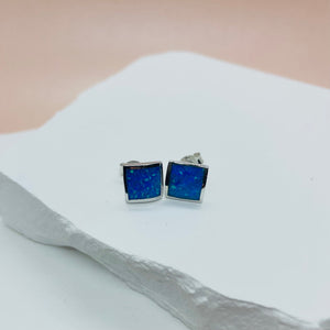 925 Sterling Silver Blue Synthetic Opal Square Stud Earring